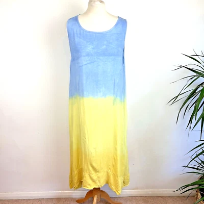 Made in Italy Dress Size 14-16 Blue Yellow Ombre A-Line Midi Hi-lo Sleeveless - Image 1 of 4