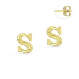 New 14k Real Yellow Gold Initial Letters Stud Earrings For Women Kids Baby Girls - Picture 1 of 10