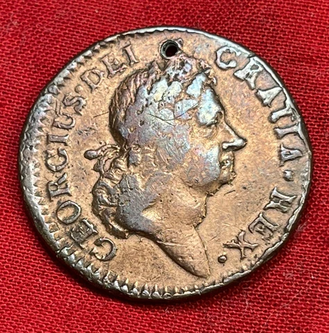 1722 Woods Halfpenny, Harp Right , George I, Hibernia Colonial Scarce Holed Cover