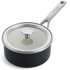 KitchenAid 1.3L Steel Core Enamel Saucepan Matte Black Cookware with Glass Lid - Picture 1 of 7