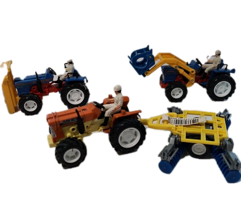 Vintage 1980s Farm Motor Tractor Lot of 3 w/ Implements & Drivers Majorette Styl - Image 1 of 4