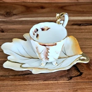 Vintage Ucagco Occupied Japan Teacup & Leaf Shape Saucer w Gold Trim Unique - Picture 1 of 23