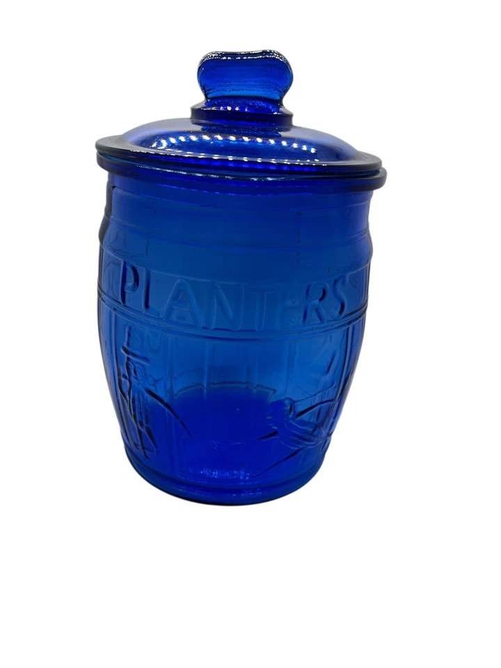 Planters Mr Peanut Cobalto Azul Depresión Vidrio Barril Tienda Contador Tarro *daño Foto 1 de 4