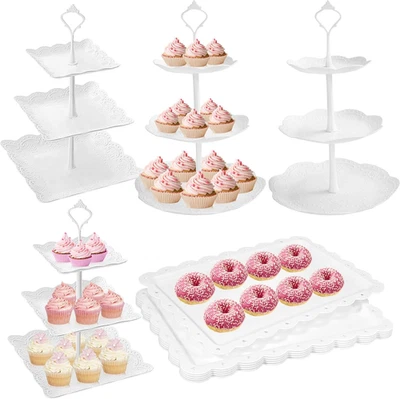 10 Pcs Cake Stand White Plastic Dessert Table Display Set 4 Pcs 3 Tired Cupcake  - Image 1 of 4
