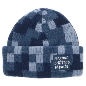 Louis Vuitton M7407A beanie damier denim logo patch damier wool beanie hat used - Picture 1 of 3