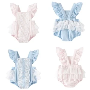 Summer Infant Baby Girls Bodysuits Sleeve Lace Splicing Toddler Baby Jumpsuit - Picture 1 of 32