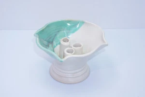 Ritary Pottery Ikibana Vase Bowl Very Nice Drip Glaze Green and cream colored - Picture 1 of 11