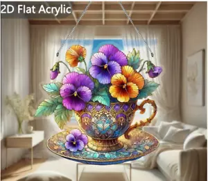 SUNCATCHER - Violetas en taza de té Suncatcher, ventana manchada colgante, acrílico - Imagen 1 de 3