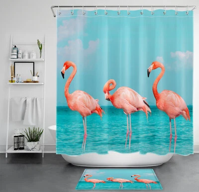Blue Sky White Cloud Ocean Pink Flamingo Shower Curtain Set for Bathroom Decor - Image 1 of 4