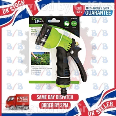 8 PATTERN HOSE PIPE SPRAY GUN MULTI FUNCTION GARDEN WATER NOZZLE NON SLIP GRIP - Image 1 of 4