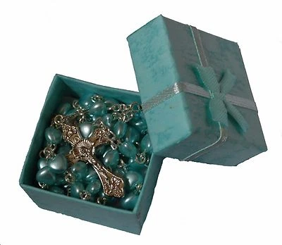 AMELIA MAE Boys Blue Heart 1st Rosary Beads In Gift Box Communion Baptism Confirmation Baby