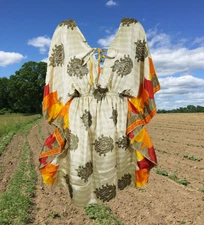 Womens Short Kaftan Dress Bech Summer Boho Beige Orange Recycle Silk Caftan M-XL