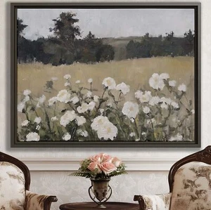 Vintage Wildflower Wall Art Canvas Oil Painting Rustic Landscape Decor Framed - Picture 1 of 9