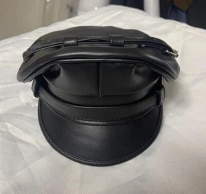 Genuine Full Leather Blak Army Muir Biker Peake Police Cap Hat - Picture 1 of 8