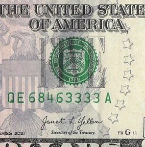 Trailing Four in a Row 3s Fancy Serial Number Five Dollar Bill QE6843333A - Picture 1 of 11