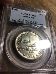 1936 50c Wisconsin Commemorative Half Dollar PCGS MS65 High Grade Nice *Look* - Picture 1 of 4