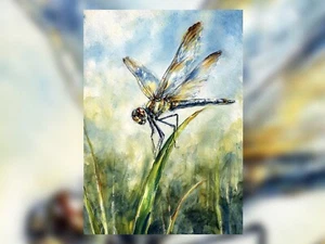 Dragonfly on Grass 5"x7" Print on Matte Paper | Detailed Nature Watercolor Art - Picture 1 of 18