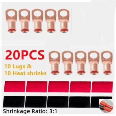 (10) 1/0 AWG Gauge Copper Ring Terminals 1/2" RED/BLACK Heat Shrink Tubing LUGS - Image 1 of 4