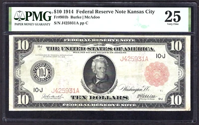 🇺🇸1914 $10 RED-SEAL FR-901b ♚♚KANSAS CITY♚♚ PMG VF 25, ONLY 25 KNOWN, SCARCE ! - Image 1 of 2
