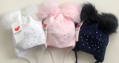 Baby Girls Kinder Cotton Lined Hats Diamante Two Faux Fur Pom Pom *Small Fit*
