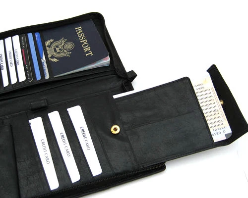 Black Leather Travel Organizer Wallet Boarding Pass Zip Passport Ticket Holder