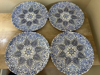 222 Fifth Melamine Dinner Plates Set Of 4 Blue White Medallion Floral 10.5” - Image 1 of 4