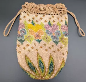 Antique Floral Pink Lavender Yellow Orange Blue Brown Micro Bead Tassel Purse - Picture 1 of 16