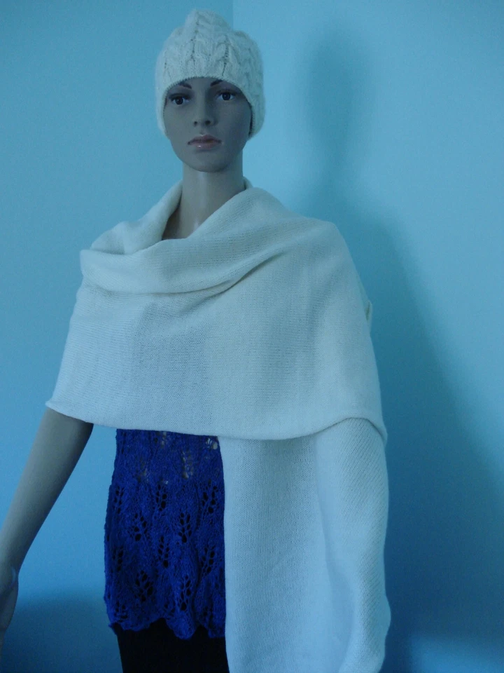 奶油白色手工电缆针织100%美利奴羊毛羊驼围巾/帽子套装女式75"x20" — 第 1/4 张图片