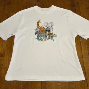 Vintage Womens T Shirt Embroidered Jungle Animals White Cotton Size M - Picture 1 of 7