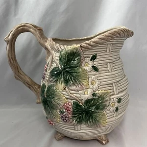 Large Vintage Ceramic FITZ and FLOYD Basket Weave PITCHER with Trailing Berries - Picture 1 of 9