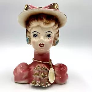 Frauenkopf Vase Atlas #98 rosa viktorianische Schleife Hut 6” x 4” Reparaturen & Chips - Bild 1 von 10
