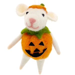 Halloween Mouse Ornament - Wool Mouse Dressed as Jack-o-Lantern Pumpkin - Picture 1 of 4