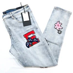 Embellish Premium Men's Blue Design Patchwork Distressed Skinny Fit Denim Jeans - Picture 1 of 10