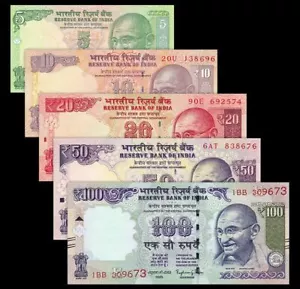 India 5+10+20+50+100 Rupees (UNC) 全新 印度 5+10+20+50+100卢比 - Picture 1 of 2