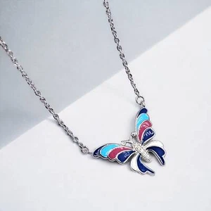 Big Enamel Butterfly Pendant Chain Set 925 Sterling Silver Sparkling CZ Necklace - Picture 1 of 5