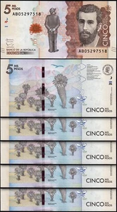 Colombia 5000 Pesos 2015, UNC, 5 Pcs LOT, Consecutive, P-459a, Prefix AB - Picture 1 of 4