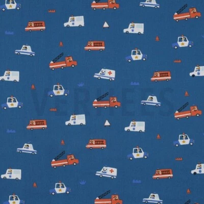Baumwollstoff Feuerwehr Polizei Bio Popeline blau ab 50cmx150cm - Bild 1 von 4