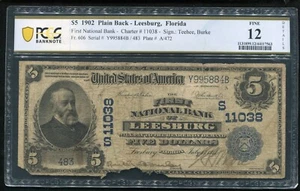 1902 $5 FIRST NB OF LEESBURG, FL NATIONAL CURRENCY CH. #11038 PCGS BANKNOTE F-12 - Picture 1 of 2