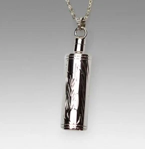 Sterling Silver Etched Cylinder Funeral Cremation Urn Pendant w/Chain for Ashes - Picture 1 of 2