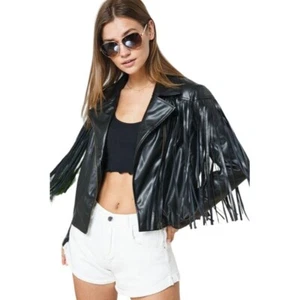 Blue B. Black Fringe Vegan Moto Leather Jacket 31120J - Picture 1 of 5