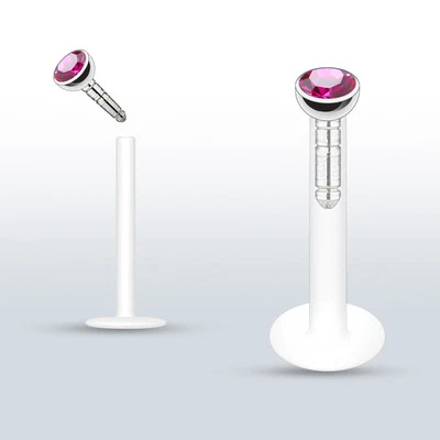 Pair 2mm Press Fit CZ Bioflex Push In Stud Lip Labret Monroe Piercing 16g 3/8" - Image 1 of 2