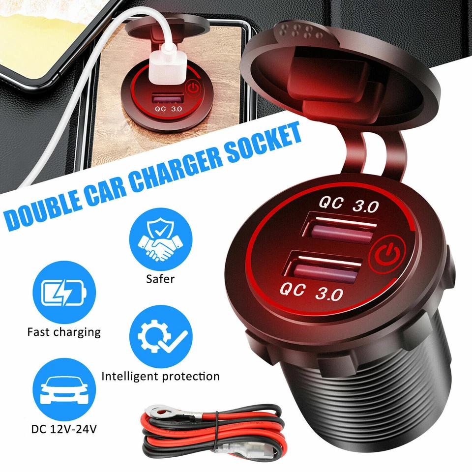 QC 3.0 Doble USB Coche Cargador Rápido Enchufe Toma de Alimentación LED Voltímetro Impermeable Foto 1 de 4