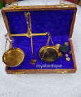 Vintage Gold Brass jewellery Scale With Wooden Box & Complete Set Weight Balanc