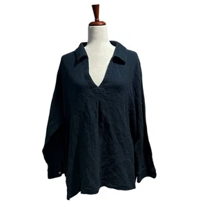 Soft Surroundings Top 2X Women's Black Muslin Gauze Textured 100% Cotton Shirt - Picture 1 of 8