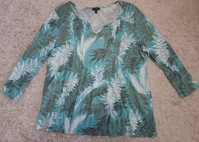 Talbots Petite Long Sleeve Tropical Beach Print Top Size LP, Teal/Leaf Pattern - Image 1 of 4