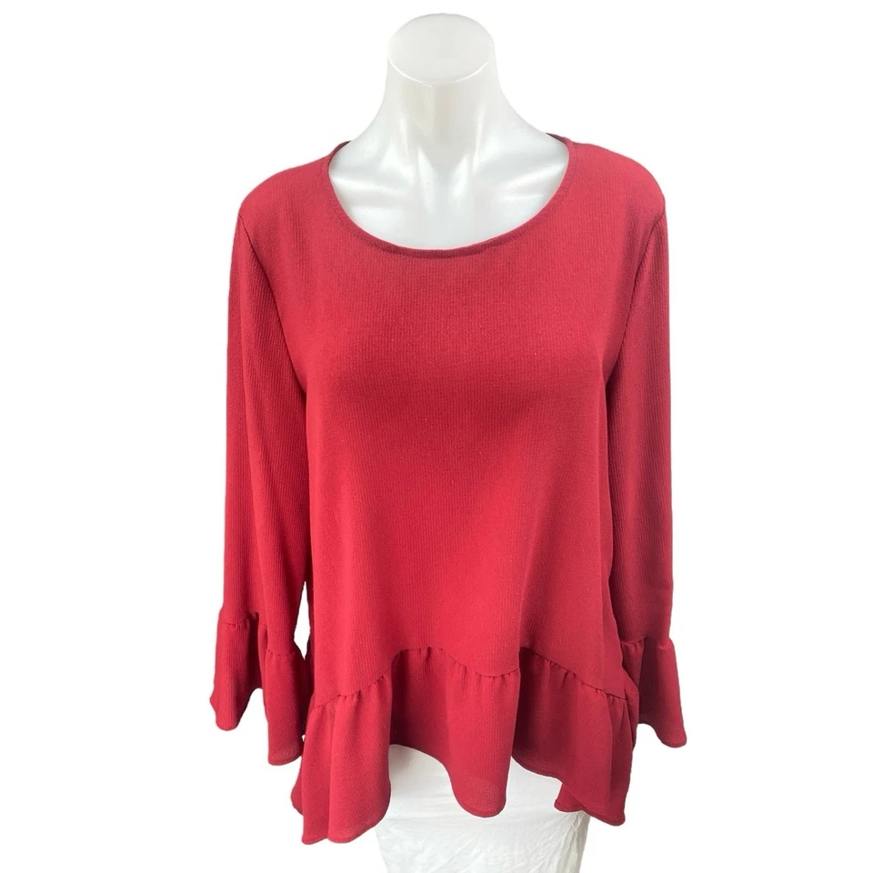 Suéter Top Gibson Para Mujer Rojo Manga Larga Campana Tejido Volantes Cuello Redondo Talla L Foto 1 de 4
