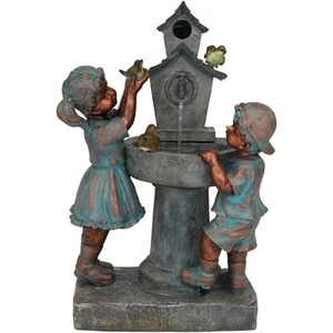 Boy and Girl at Birdbath Water Fountain with LED Lights - 30 in by Sunnydaze - Picture 1 of 9