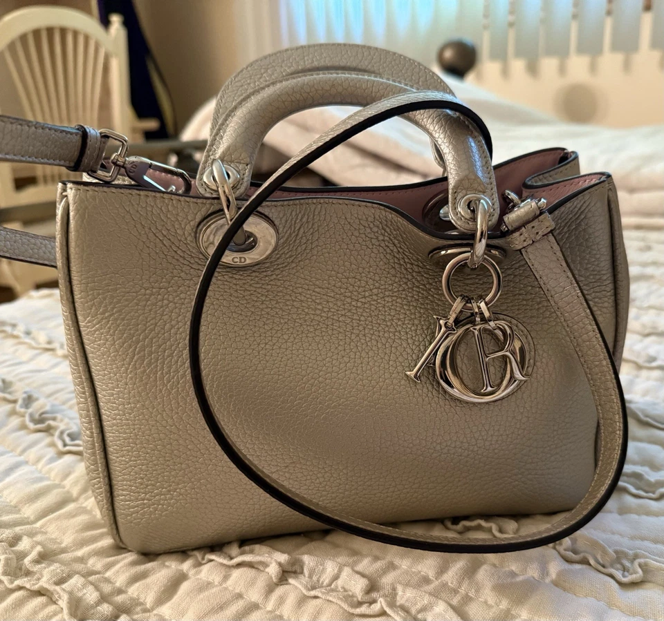 Authentic Christian Dior silver Diorissimo Pebbled Leather Tote Bag, small. Mint - Image 1 of 4