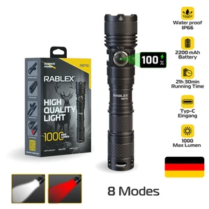 RABLEX LED Taschenlampe, 8 Modi rot blau weiß Licht, Wasserdicht Wiederaufladbar - Bild 1 von 8