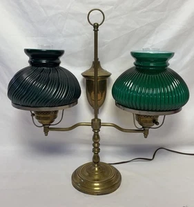 Vintage Brass Double Arm Student Lamp Two Color Green Shades Bohemian 20" - Picture 1 of 17